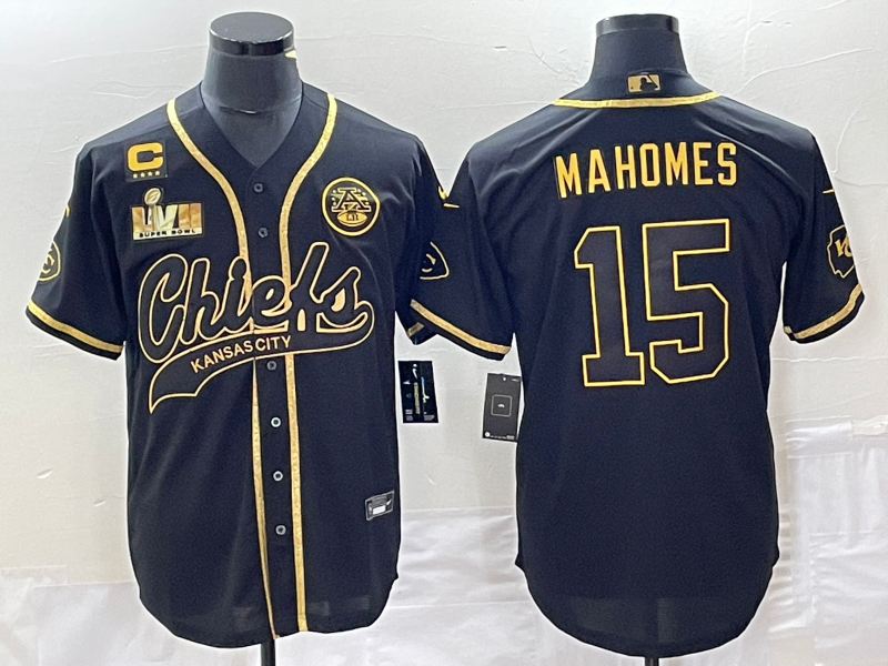 Men??s Kansas City Chiefs #15 Patrick Mahomes Black Gold With 4-star C Patch And Super Bowl LVII Patch Cool Bae Stitched Baseball Jersey